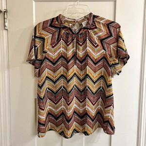 Peyton Jensen Chevron Print Top Keyhole Blouse Short Sleeve Size‎ S